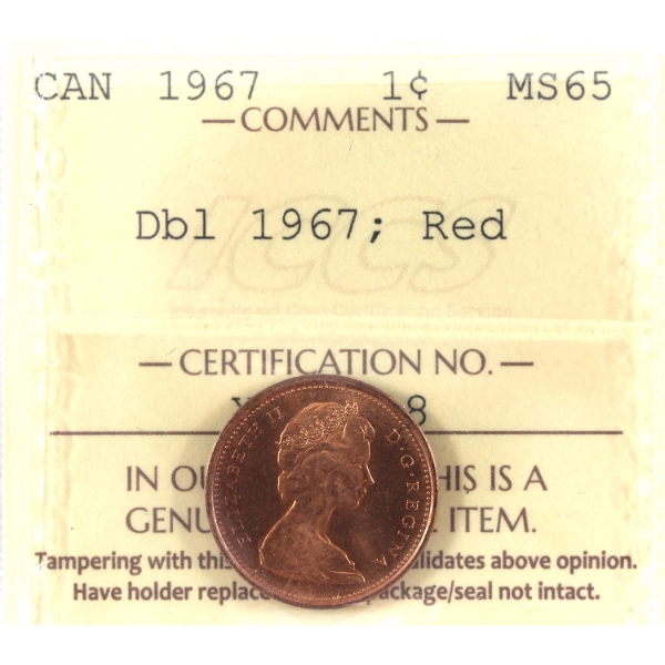 1-cent 1967 Dbl 1967 ICCS MS65 Red