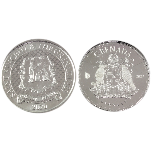 2x 1oz Eastern Caribbean Central Bank $2 2020 St. Vincent & The Grenadines & 2021 Grenada. 2pcs.
