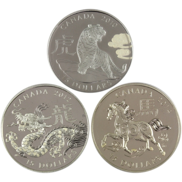 2010-2014 $15 Lunar 1oz .9999 Fine Silver Coins. 3pcs (Tax Exempt)
