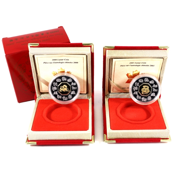 2000 & 2001 Lunar Coins Sterling Silver with Gold Plated Cameos. 2pcs.