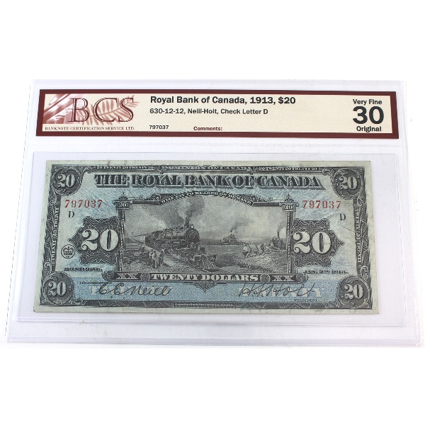 630-12-12 1913 $20 Royal Bank BCS VF30 Original Neill-Holt Check Letter D SN: 797037