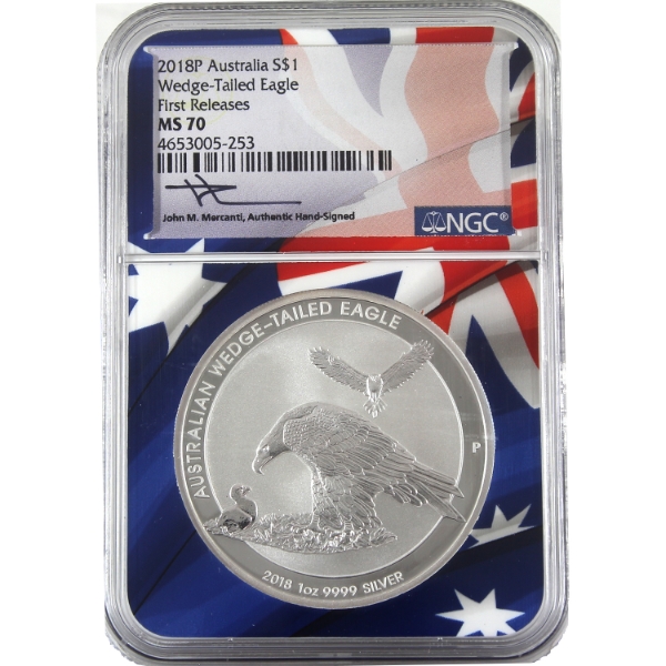 Australia Silver 2018P $1 Wedge-Tailed Eagle First Releases 1oz .9999 Fine Silver Coin NGC MS70