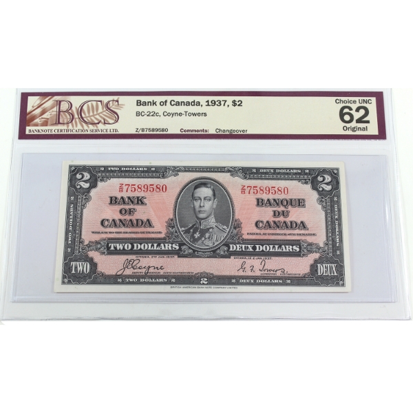 BC-22c 1937 $2 BCS CUNC62 Original Coyne-Towers Changeover SN: Z/B7589580