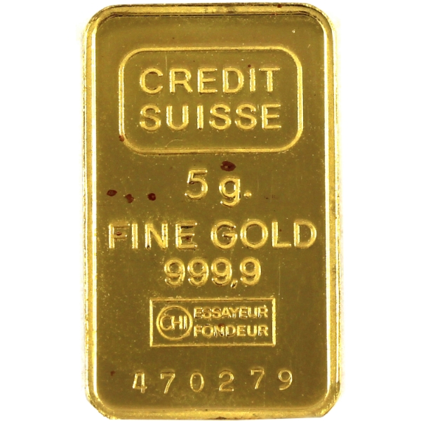 5g Gold Credit Suisse Vintage .9999 Gold Bar, SN: 470279 (Tax Exempt)
