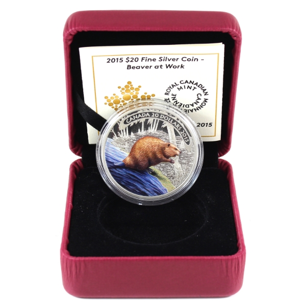 2015 $20 Beaver at Work Fine Silver Coin w/ Selective Colour (Tax Exempt)