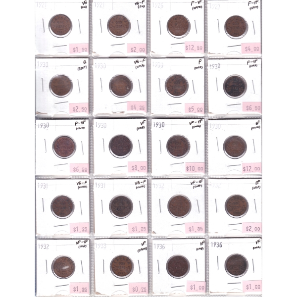 Bulk Lot of 1-cent 1921-1936 G to EF in 20-Pocket Sheet. 20pcs.