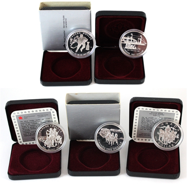 Group Lot of 1990-1994 Commemorative Brilliant Uncirculated Sterling Silver Dollars. 5pcs.