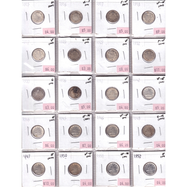 Bulk Lot of 10-cent 1915-1952 AG to EF-AU in 20-Pocket Sheet. 20pcs.