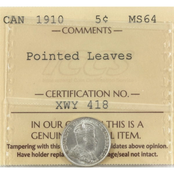 5-cent 1910 Pointed Leaves ICCS MS64