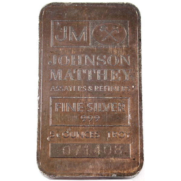 5oz JM Johnson Matthey .999 Fine Silver Bar (Tax Exempt)