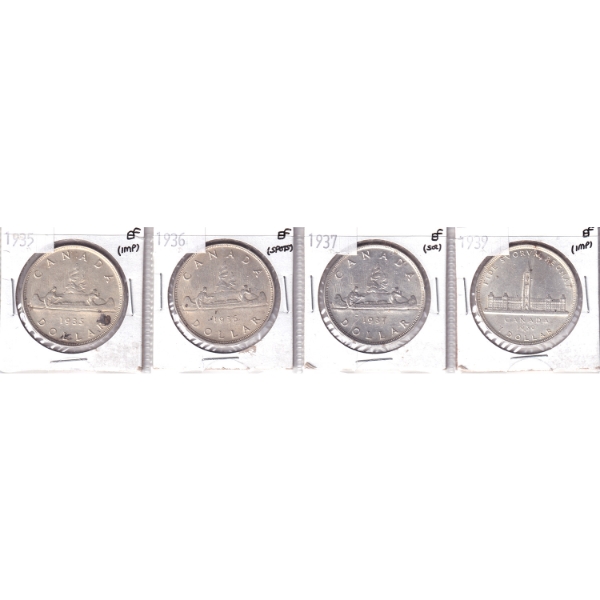 Group Lot of Silver $1 1935-1939 EF in 4-Pocket Sheet. 4pcs.