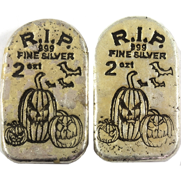 2x 2oz MPM Pumpkin .999 Fine Silver Tombstone Bars. 2pcs. (Tax Exempt)