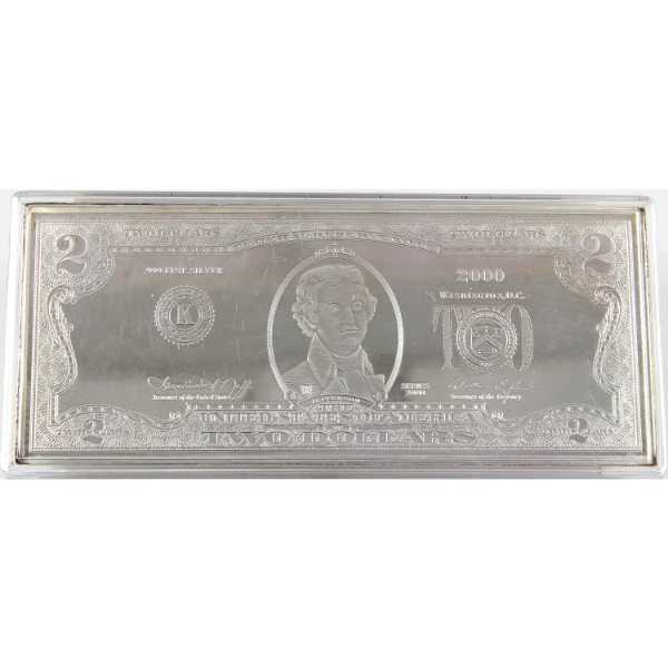 4oz USA 2000 $2 Banknote .999 Fine Silver Bar (Tax Exempt)