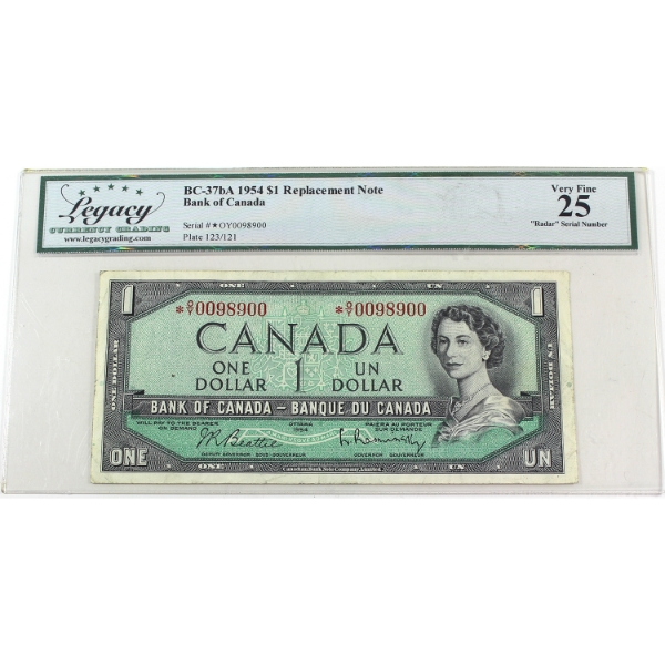 RADAR BC-37bA 1954 $1 3-Digit RADAR Legacy VF25 Beattie-Rasminsky *O/Y Replacement SN: *O/Y0098900