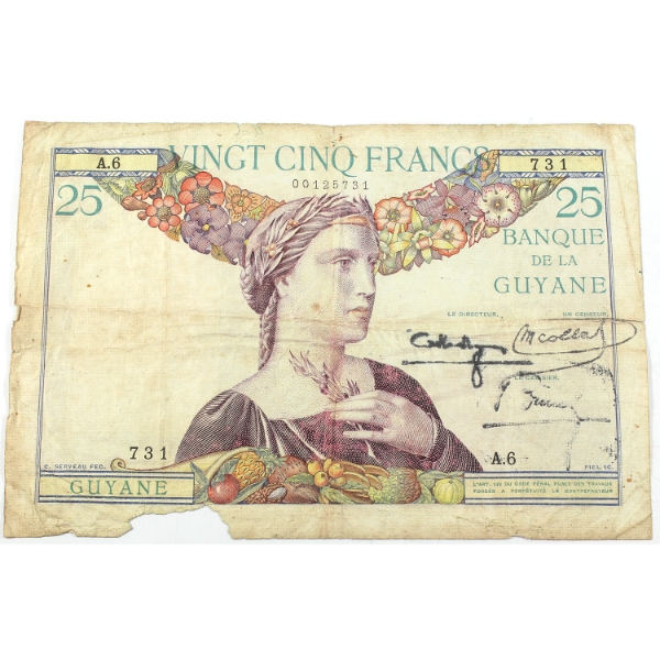French Guiana 1933-45 Pick-7 Banque de la Guyane 25 Francs VF SN: A.6 731