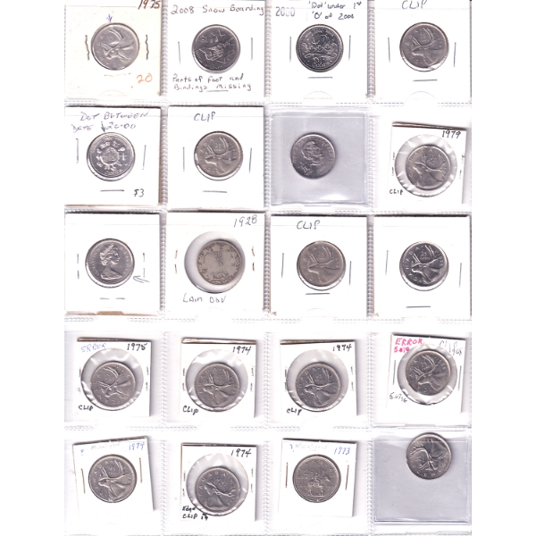 Bulk Lot of 25-cent 1968-2009 Varieties & Errors in 20-Pocket Sheet. 20pcs.