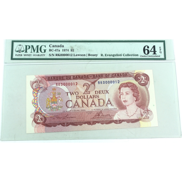 BC-47a 1974 $2 Low Serial # RK0000012 PMG CUNC64 EPQ Lawson-Bouey