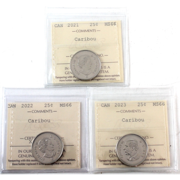 25-cent 2021, 2022 & 2023 King Charles III ICCS MS66. 3pcs. 