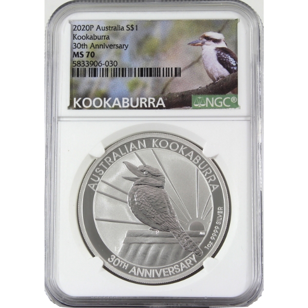 Australia Silver 2020P $1 Kookaburra 30th Anniversary 1oz .9999 Fine Silver Coin NGC MS70