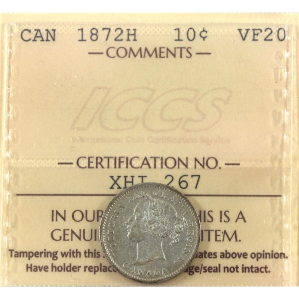 10-cent 1872H ICCS VF20