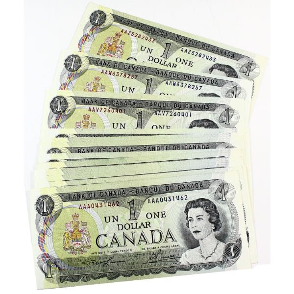 1973 $1 Canada Notes AAA to AAZ, all different prefixes. Uncirculated or Better. 17pcs