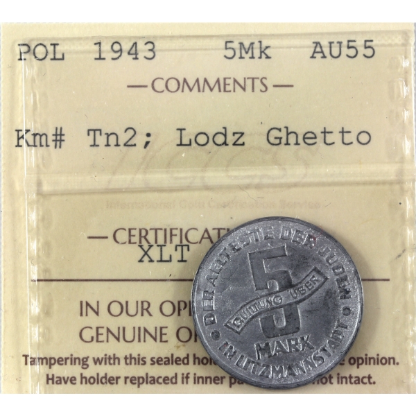 Poland 1943 5 Mark Lodz Ghetto ICCS AU55 *Rare*