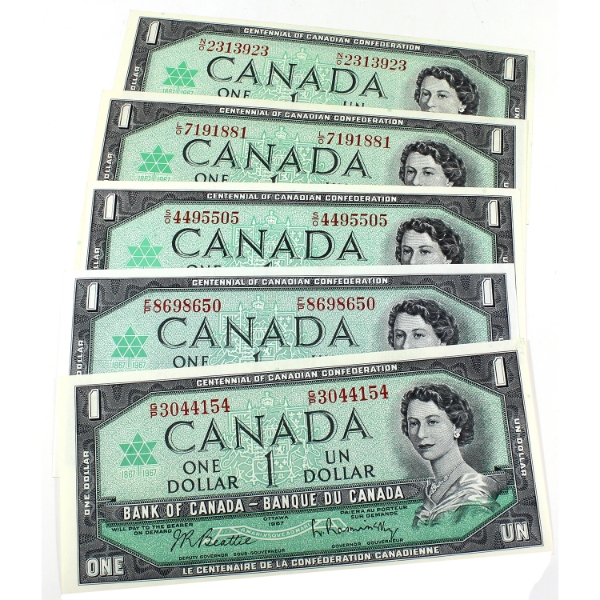 BC-45b & BC-45b-i 1967 $1 Olmstead Graded UNC or Better Beattie-Rasminsky. 5pcs.