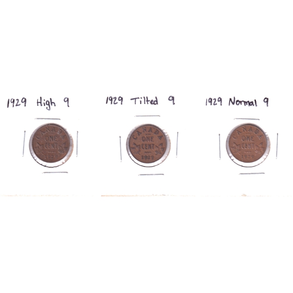 1-cent 1929 Normal 9, Tilted 9 & High 9. 3pcs.