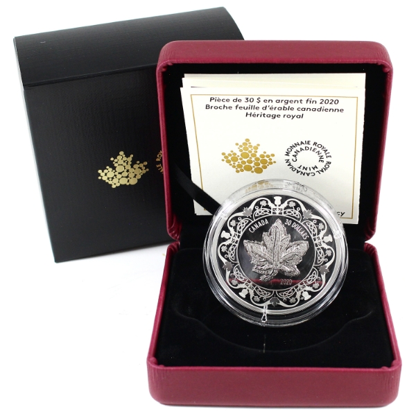 2020 $30 Canadian Maple Leaf Brooch Legacy Fine Silver Coin