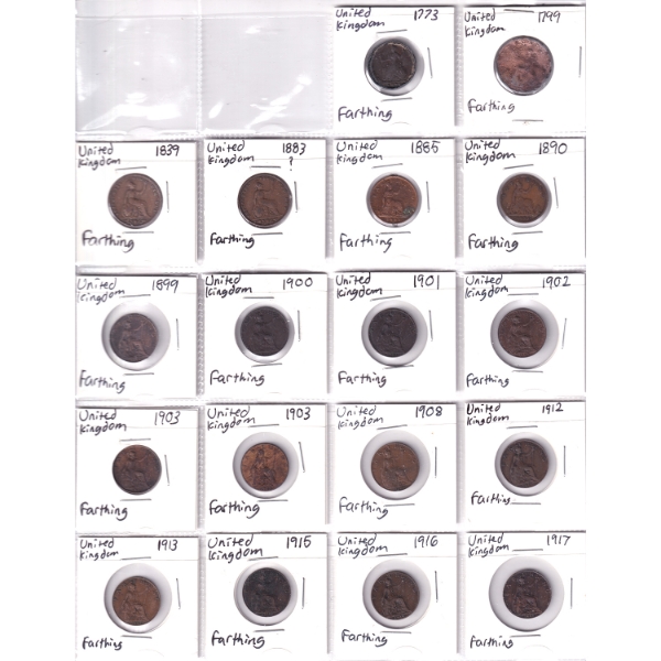 Bulk Lot of Great Britain 1773-1956 Farthings in 20 & 8-Pocket Sheets. 45pcs.