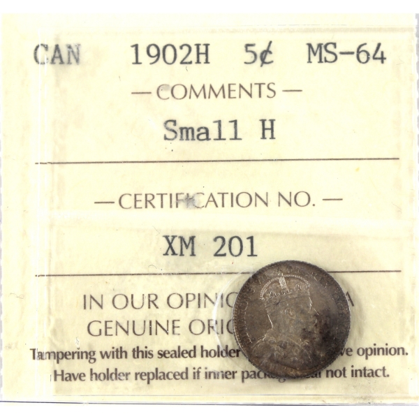 5-cent 1902H Small H ICCS MS64