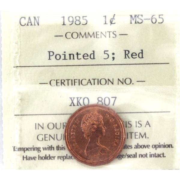 1-cent 1985 Pointed 5 ICCS MS65 Red