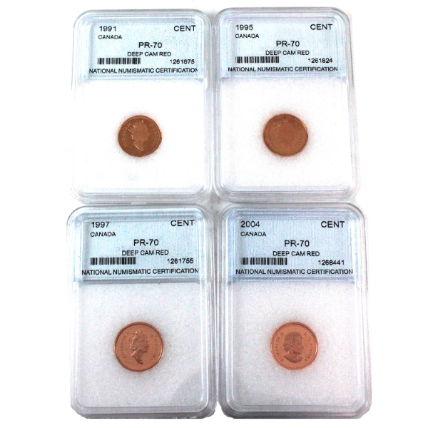 1-cent 1991, 1995, 1997 & 2004 NNC PR70 Deep Cameo Red. 4pcs.