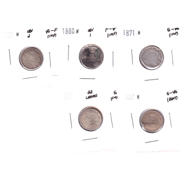 Group Lot of 10-cent 1871H-1891 G to F-VF. 5pcs.