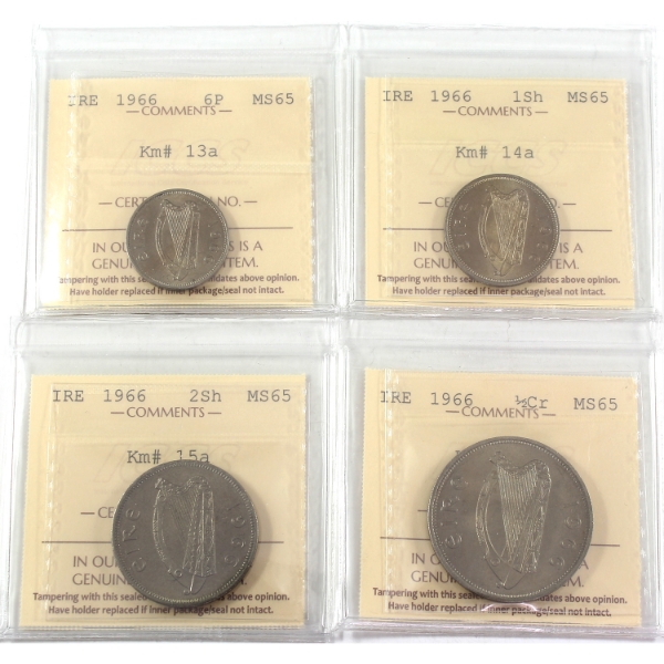 Group Lot of Ireland 1966 Sixpence, Shilling, 2 Shilling, & Half Crown ICCS MS65. 4pcs.