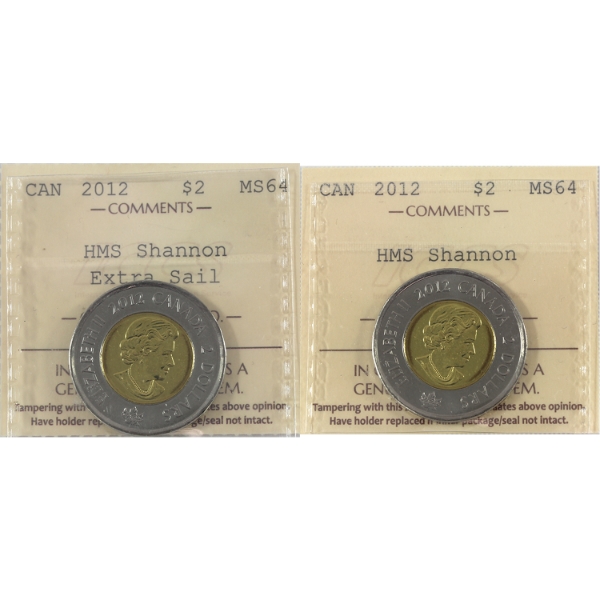 2x $2 2012 HMS Shannon & HMS Shannon Extra Sail ICCS MS64. 2pcs.