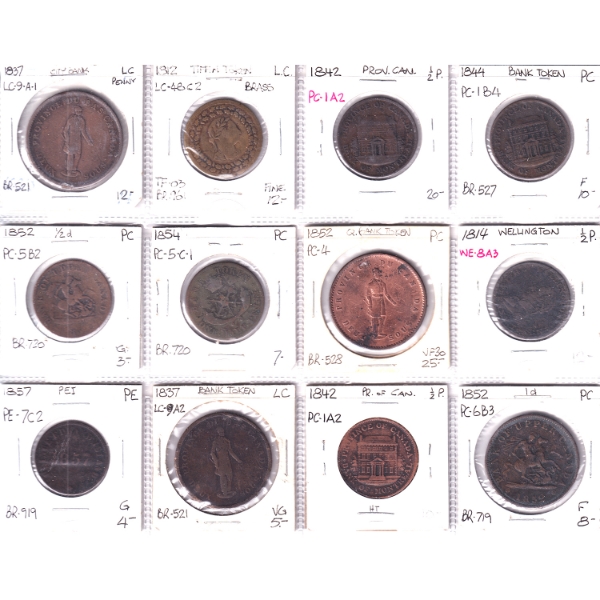 Bulk Lot of 1812-1857 Half Penny, Penny, & Tiffin Tokens G to VF30 in 12-Pocket Sheet. 12pcs.