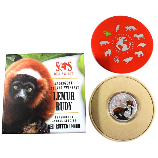 Niue Silver 2014 $1 SOS Endangered Animal Species- Red Ruffed Lemur 1/2oz .999 Fine Silver Coin