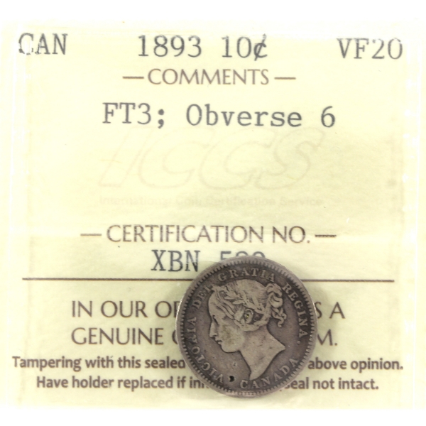 10-cent 1893 Flat Top 3, Obverse 6 ICCS VF20