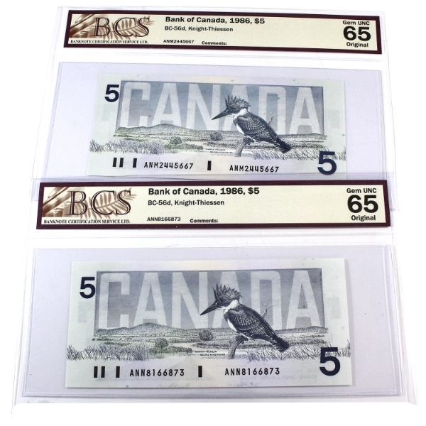 BC-56d 1986 $5 BCS GEM UNC65 Original Knight-Thiessen SN:ANN8166873 & SN:ANM2445667. 2pcs.