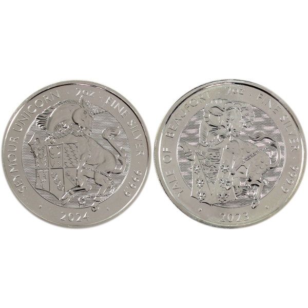 2x 2oz Great Britain 2023 & 2024 5 Pounds Queen's Beasts .9999 Fine Silver Coins. 2pcs (Tax Exempt)