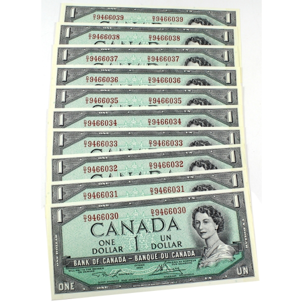 BC-37d 1954 $1 Modified Portrait Consecutive UNC or Better Beattie-Rasminsky SN: D/I9466030-"39.