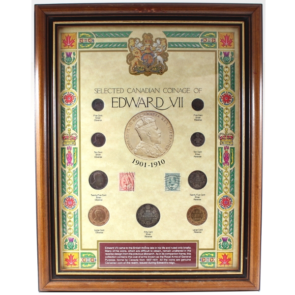 Selected Canadian Coinage of King Edward VII 9-Coin Set w/ 2 Stamps in Wooden Frame