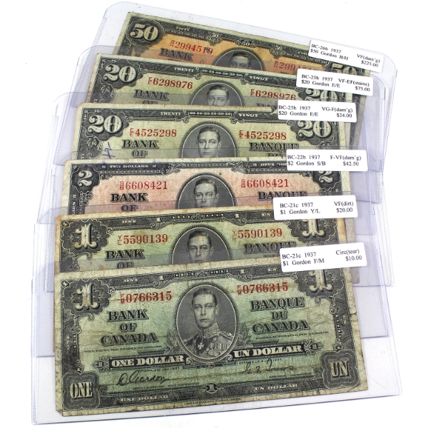 6x 1937 $1 to $50 Circ. to VF-EF. 6pcs.