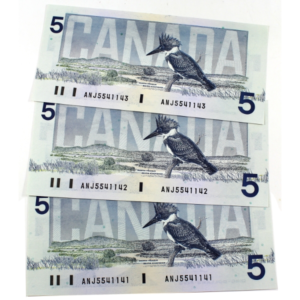 BC-56d 1986 $5 Consecutive UNC or Better Knight-Thiessen SN:ANJ5541141-"43. 3pcs.