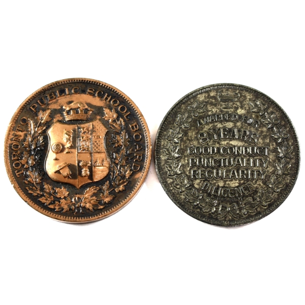 Pair of Toronto School Board Medallions- Bronze '4 Years' & Sterling Silver '8 Years'. 2pcs 