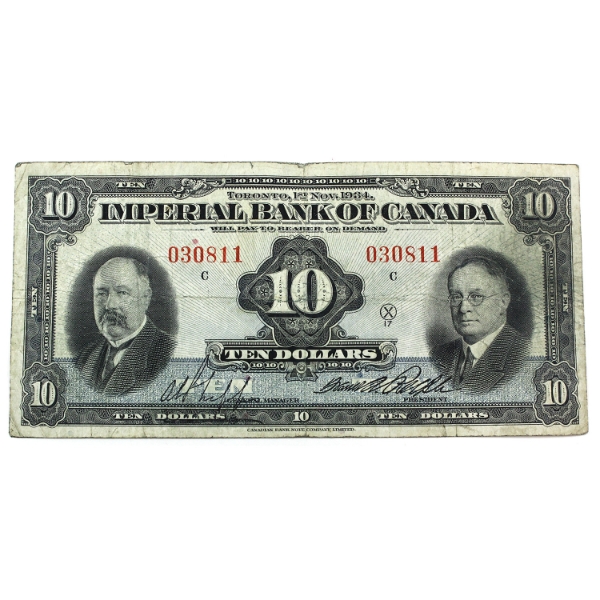 375-22-06 1934 $10 Imperial Bank of Canada VG-F SN: 030811 Check Letter C
