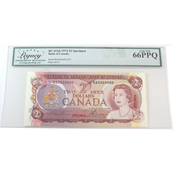 BC-47aS 1974 $2 Specimen Legacy GEM UNC66 PPQ Lawson-Bouey SN: BA0000000 207
