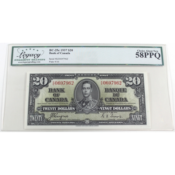 BC-25c 1937 $20 Legacy Choice AU58 PPQ Coyne-Towers SN: K/E0697962