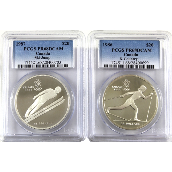 1986 & 1987 $20 Calgary Olympics Themed Sterling Silver Coins PCGS PR68 Deep Cameo. 2pcs.